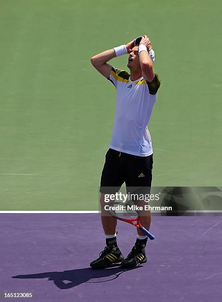 Andy Murray of Great Brittain celebrates match point in the final of the Sony Open against David Ferrer of Spain at Crandon Park Tennis Center on...