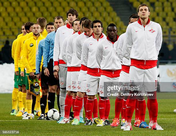 Spartak Moscow and FC Kuban Krasnodar players line up prior to the Russian Premier League match between FC Spartak Moscow and FC Kuban Krasnodar at...