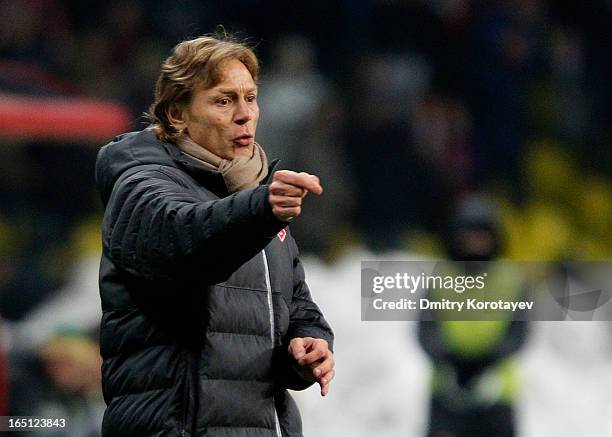 Head coach Valeri Karpin of FC Spartak Moscow gestures during the Russian Premier League match between FC Spartak Moscow and FC Kuban Krasnodar at...