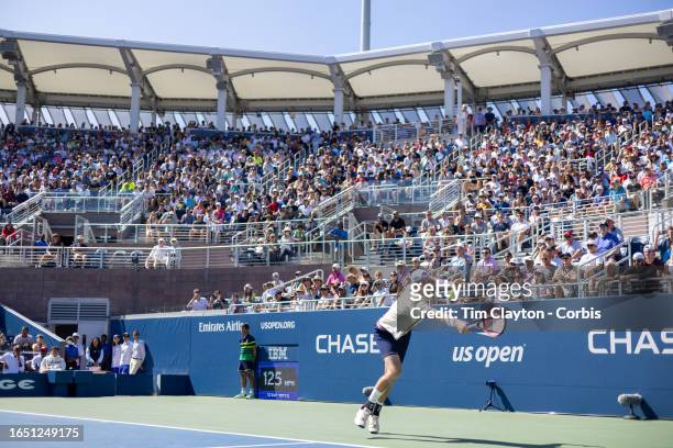August 31: John Isner of the United States in action against Michael Mmoh of the United States in the Men's Singles round two match on a packed...