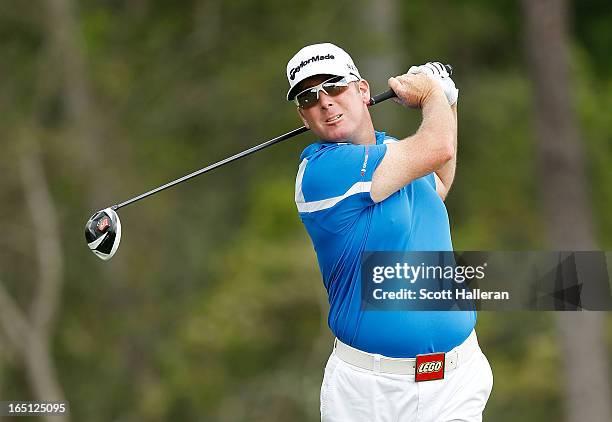 Points hits his tee shot on the 13th hole during the final round of the Shell Houston Open at the Redstone Golf Club on March 31, 2013 in Humble,...