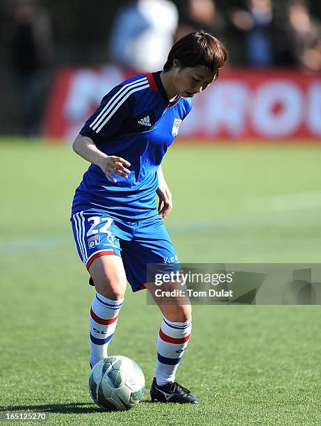 Ami Otaki of Olympic Lyonnais in action prior to the Championnat de France D1 Feminine match between Montpellier HSC and Olympic Lyonnais at Stade de...