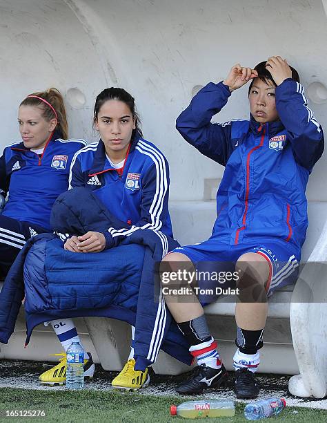 Ami Otaki of Olympic Lyonnais looks on during the Championnat de France D1 Feminine match between Montpellier HSC and Olympic Lyonnais at Stade de la...