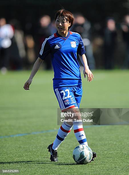 Ami Otaki of Olympic Lyonnais in action prior to the Championnat de France D1 Feminine match between Montpellier HSC and Olympic Lyonnais at Stade de...
