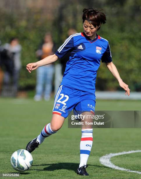 Ami Otaki of Olympic Lyonnais in action prior to the Championnat de France D1 Feminine match between Montpellier HSC and Olympic Lyonnais at Stade de...