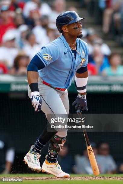 Yandy Diaz of the Tampa Bay Rays lines out to center during the fifth inning against the Cleveland Guardians at Progressive Field on September 3,...