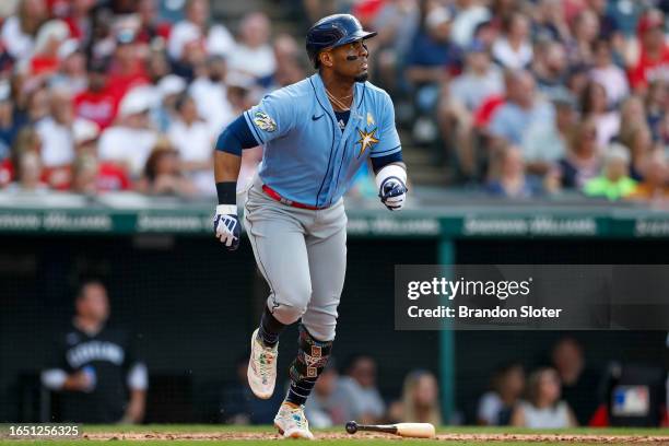 Yandy Diaz of the Tampa Bay Rays lines out to center during the fifth inning against the Cleveland Guardians at Progressive Field on September 3,...