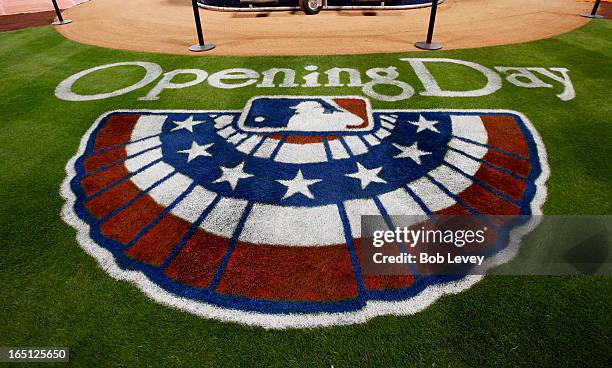 The Opening day logo is seen on the field at Minute Maid Park before the Texas Rangers play the Houston Astros on March 31, 2013 in Houston, Texas.