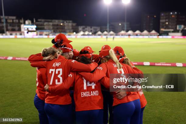 The England team huddle before they make their way out onto the pitch during the 1st Vitality IT20 between England Women and Sri Lanka Women at The...