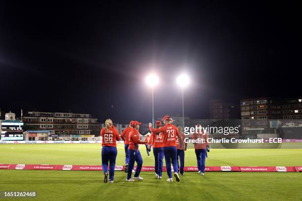 The England team make their way out onto the pitch during the 1st Vitality IT20 between England Women and Sri Lanka Women at The 1st Central County...