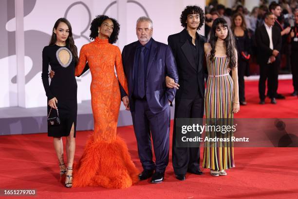 Director Luc Besson with his wife Virginie Silla and their children Sateen Besson, Mao Besson, Thalia Besson and Shanna Besson attend a red carpet...