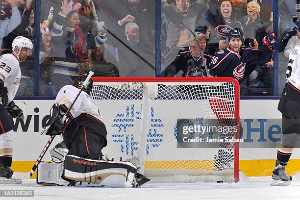 Derick Brassard of the Columbus Blue Jackets celebrates after scoring on goaltender Jonas Hiller of the Anaheim Ducks during the second period on...