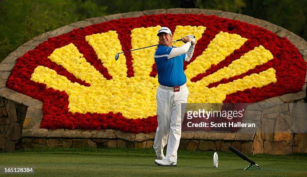 Points hits his tee shot on the 18th hole during the final round of the Shell Houston Open at the Redstone Golf Club on March 31, 2013 in Humble,...