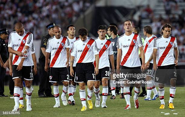 Players of River Plate during a match between River Plate and Velez Sarsfield as part of Torneo Final 2013 at Antonio Vespucio Liberti Stadium on...