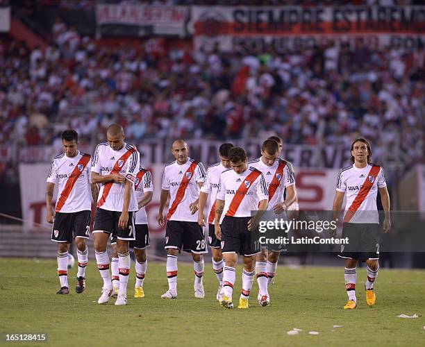 River Plate players leave the field after firt half during a match between River Plate and Velez as part of AFA Torneo Final at Antonio Vespucio...