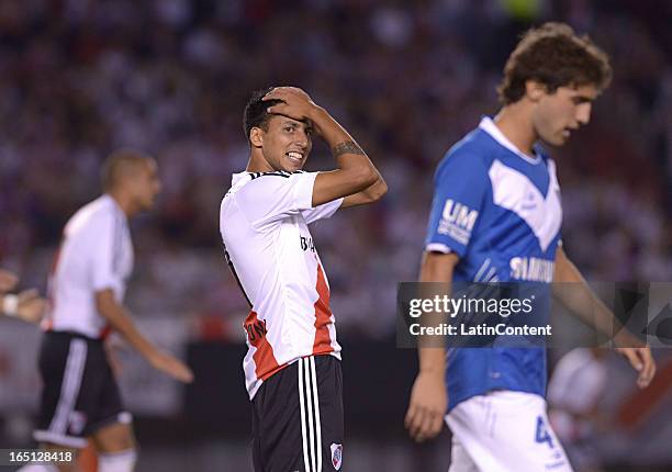 Leonel Vangioni, , of River Plate reacts during a match between River Plate and Velez as part of AFA Torneo Final at Antonio Vespucio Liberti on...