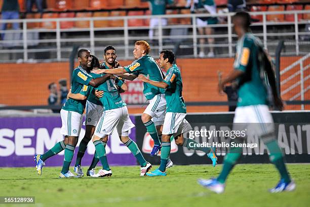 Marcelo Oliveira of Palmeiras celebrates a goal during the match between Palmeiras and Linense as part of Paulista Championship 2013 at Pacaembu...
