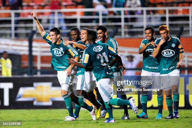 Marcelo Oliveira of Palmeiras celebrates a goal during the match between Palmeiras and Linense as part of Paulista Championship 2013 at Pacaembu...