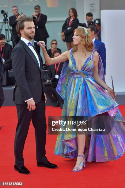 Stefan Thomas and Alexa Meade attend the red carpet for the movie "Ferrari" at the 80th Venice International Film Festival on August 31, 2023 in...