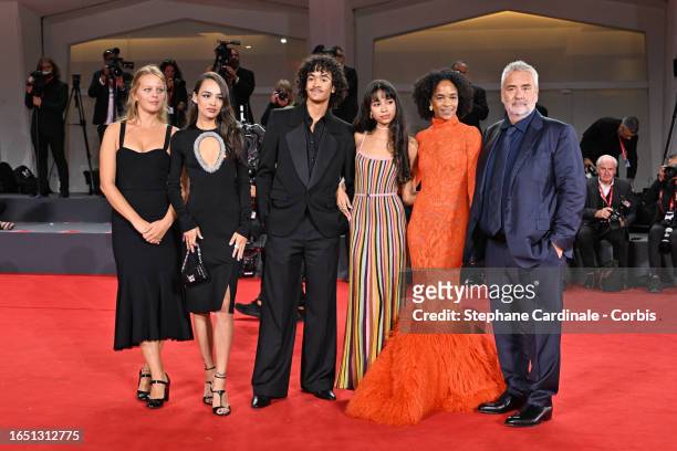 Director Luc Besson with his wife Virginie Silla and their children Sateen Besson, Mao Besson, Thalia Besson and Shanna Besson attend a red carpet...
