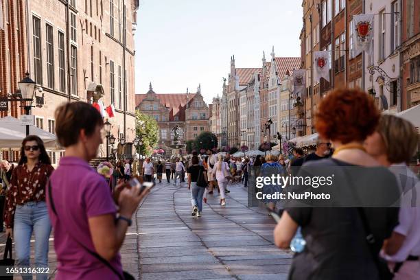 View at historical residential architecture of the Old Town of central Gdansk, Poland on September 7, 2023.