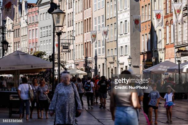 View at historical residential architecture of the Old Town of central Gdansk, Poland on September 7, 2023.