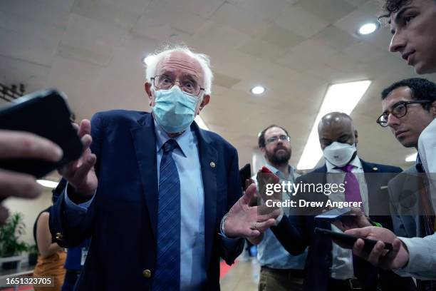 Sen. Bernie Sanders speaks to reporters in the Senate subway on his way to a vote at the U.S. Capitol September 7, 2023 in Washington, DC. The U.S....