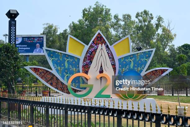 Installation outside Pragati Maidan ahead of the G20 India Summit, on September 7, 2023 in New Delhi, India. In preparation for the upcoming G20...