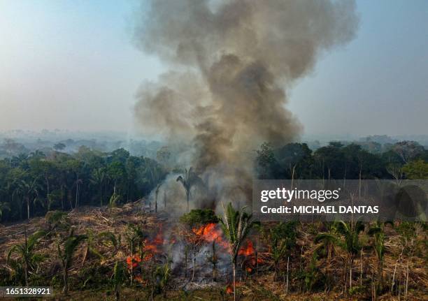 Smoke from illegal fires lit by farmers rises in Manaquiri, Amazonas state, on September 6, 2023. From September 2, 2023 to September 6 2,500 forest...