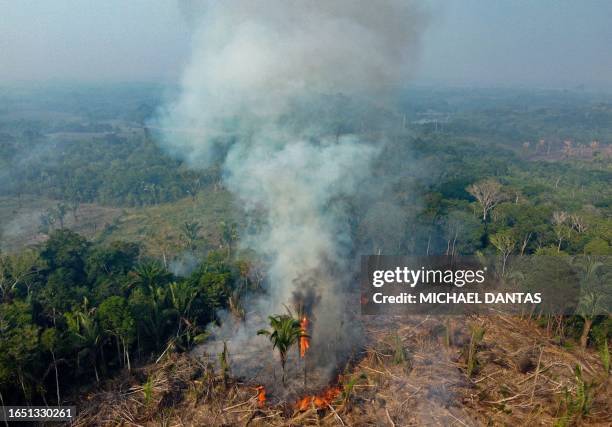 Smoke from illegal fires lit by farmers rises in Manaquiri, Amazonas state, on September 6, 2023. From September 2, 2023 to September 6 2,500 forest...