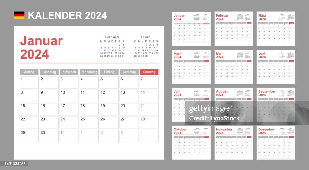 Deutscher Kalender für 2024. Die Woche beginnt am Montag. Einfache Vektorvorlage. Business-Design-Planer.