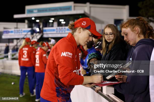 Heather Knight of England signs fans autographs after the game during the 1st Vitality IT20 between England Women and Sri Lanka Women at The 1st...