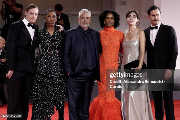 Caleb Landry Jones, Jonica T. Gibbs, Luc Besson, Virginie Silla, Grace Palma and Clemens Schick attend a red carpet for the movie "Dogman" at the...