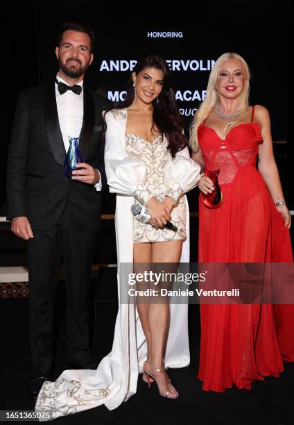 Andrea Iervolino, Jacqueline Fernandez and Monika Bacardi during the Variety and Golden Globes party during The 80th Venice International Film...