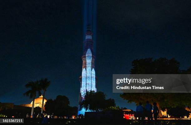 The launching of Chandrayaan-3, a laser show illuminated Qutub Minar with colours of joy and success, ahead of the G20 Summit, on September 7, 2023...