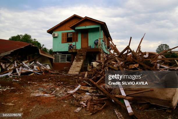 View of the damage caused by a cyclone in Roca Sales, Rio Grande do Sul state, Brazil on September 7, 2023. The death toll from a cyclone that...