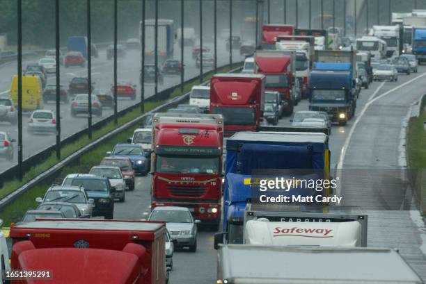 Vehicles and traffic travel slowly along the M5 Motorway following congestion and heavy traffic on September 05, 2005 in Bristol, England.
