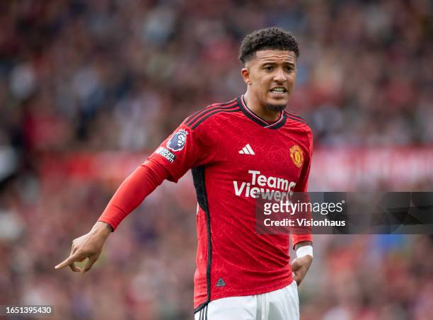 Jadon Sancho of Manchester United instructs team mates during the Premier League match between Manchester United and Nottingham Forest at Old...