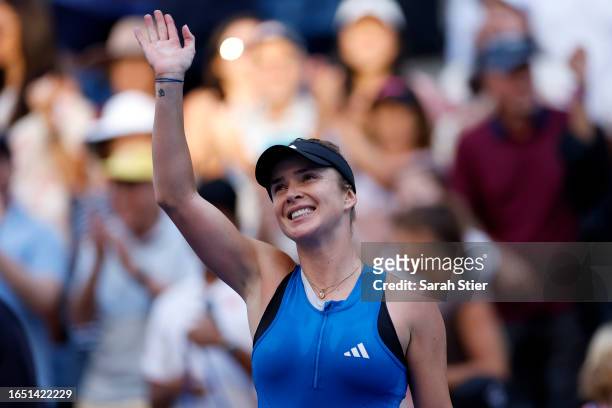 Elina Svitolina of Ukraine celebrates after defeating Anastasia Pavlyuchenkova in their Women's Singles Second Round match on Day Four of the 2023 US...