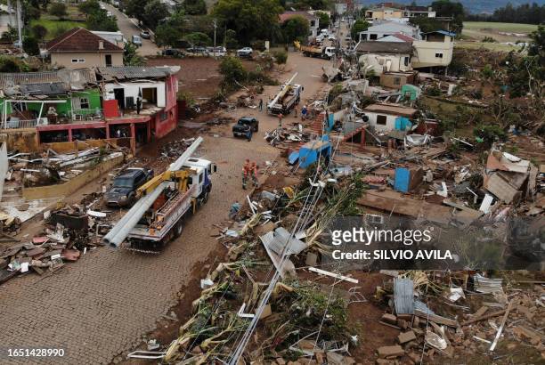 Aerial view of the damage caused by a cyclone in Roca Sales, Rio Grande do Sul state, Brazil on September 7, 2023. The death toll from a cyclone that...