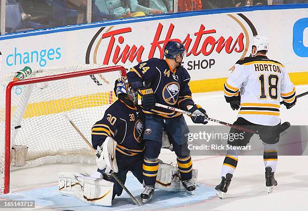 Nathan Horton of the Boston Bruins scores Boston's second goal against Andrej Sekera and Ryan Miller of the Buffalo Sabres at First Niagara Center on...