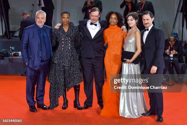 Luc Besson, Jonica T. Gibbs, Caleb Landry Jones, Virginie Silla, Grace Palma and Clemens Schick attends a red carpet for the movie "Dogman" at the...