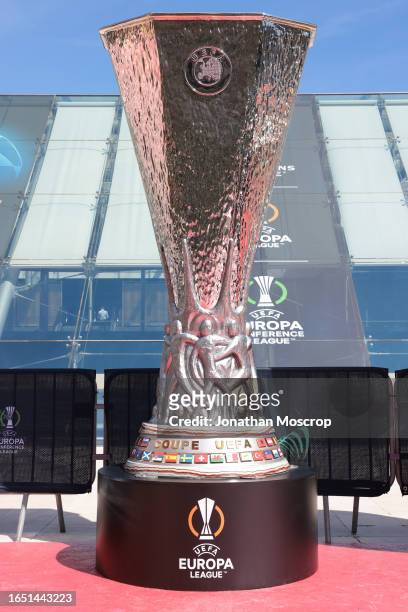 Giant replica UEFA Europa League Trophy on the Red Carpet for the UEFA 2023/24 European Club Football Season Kick-Off event at Grimaldi Forum on...