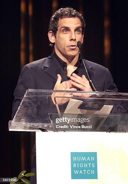 Actor Ben Stiller speaks at the "Voices For Justice" dinner sponsored by Human Rights Watch, the largest U.S.-based international human rights...