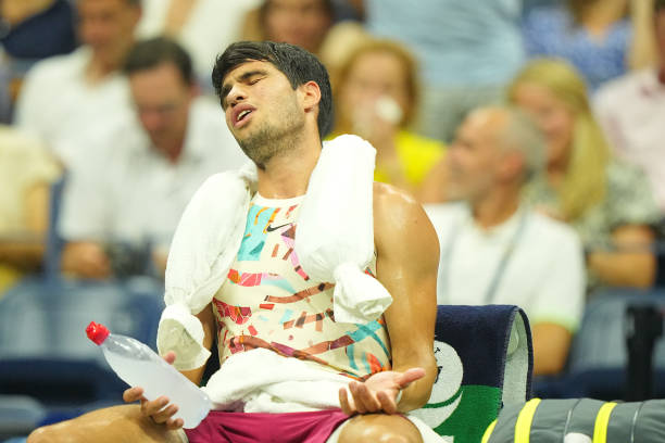 Carlos Alcaraz of Spain in action, reacts vs Alexander Zverev of Germany during the Men's Singles Quarter-Finals match at Arthur Ashe Stadium....