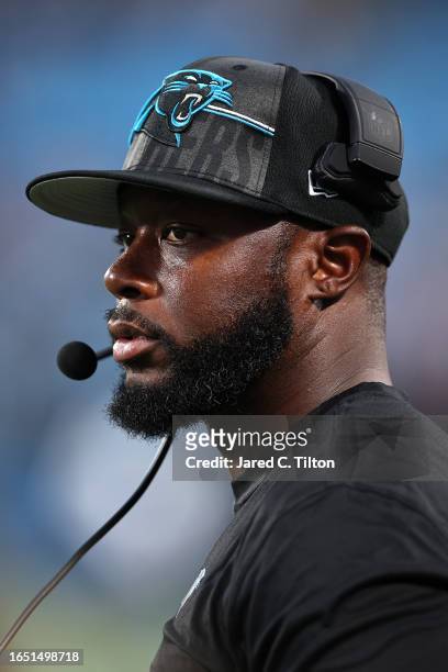 Carolina Panthers offensive coordinator Thomas Brown looks on during the first quarter of a preseason game against the Detroit Lions at Bank of...