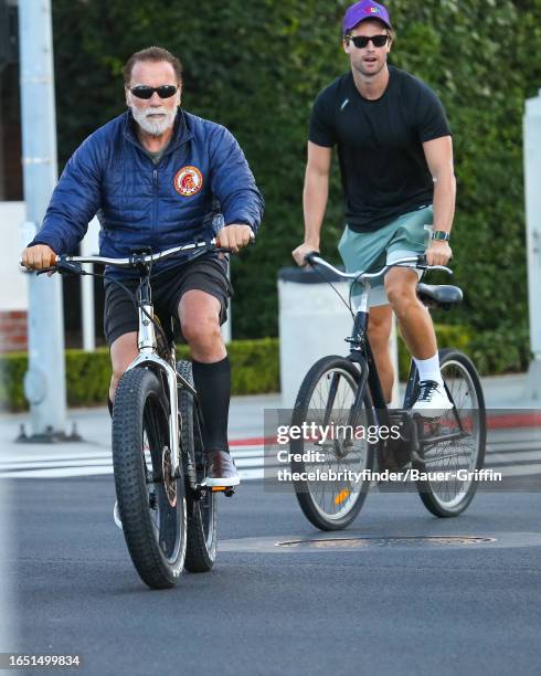 Arnold Schwarzenegger and his son Patrick Schwarzenegger are seen on September 07, 2023 in Los Angeles, California.