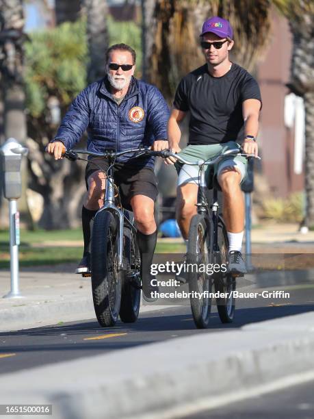 Arnold Schwarzenegger and his son Patrick Schwarzenegger are seen on September 07, 2023 in Los Angeles, California.