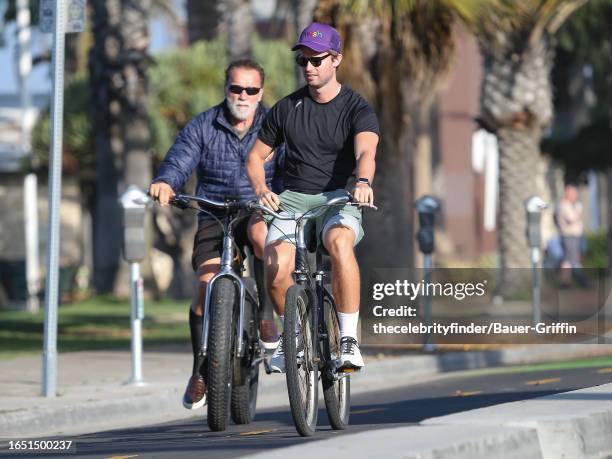 Arnold Schwarzenegger and his son Patrick Schwarzenegger are seen on September 07, 2023 in Los Angeles, California.