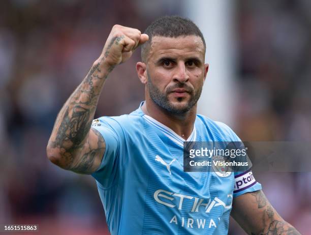 Kyle Walker of Manchester City celebrates after the Premier League match between Sheffield United and Manchester City at Bramall Lane on August 27,...